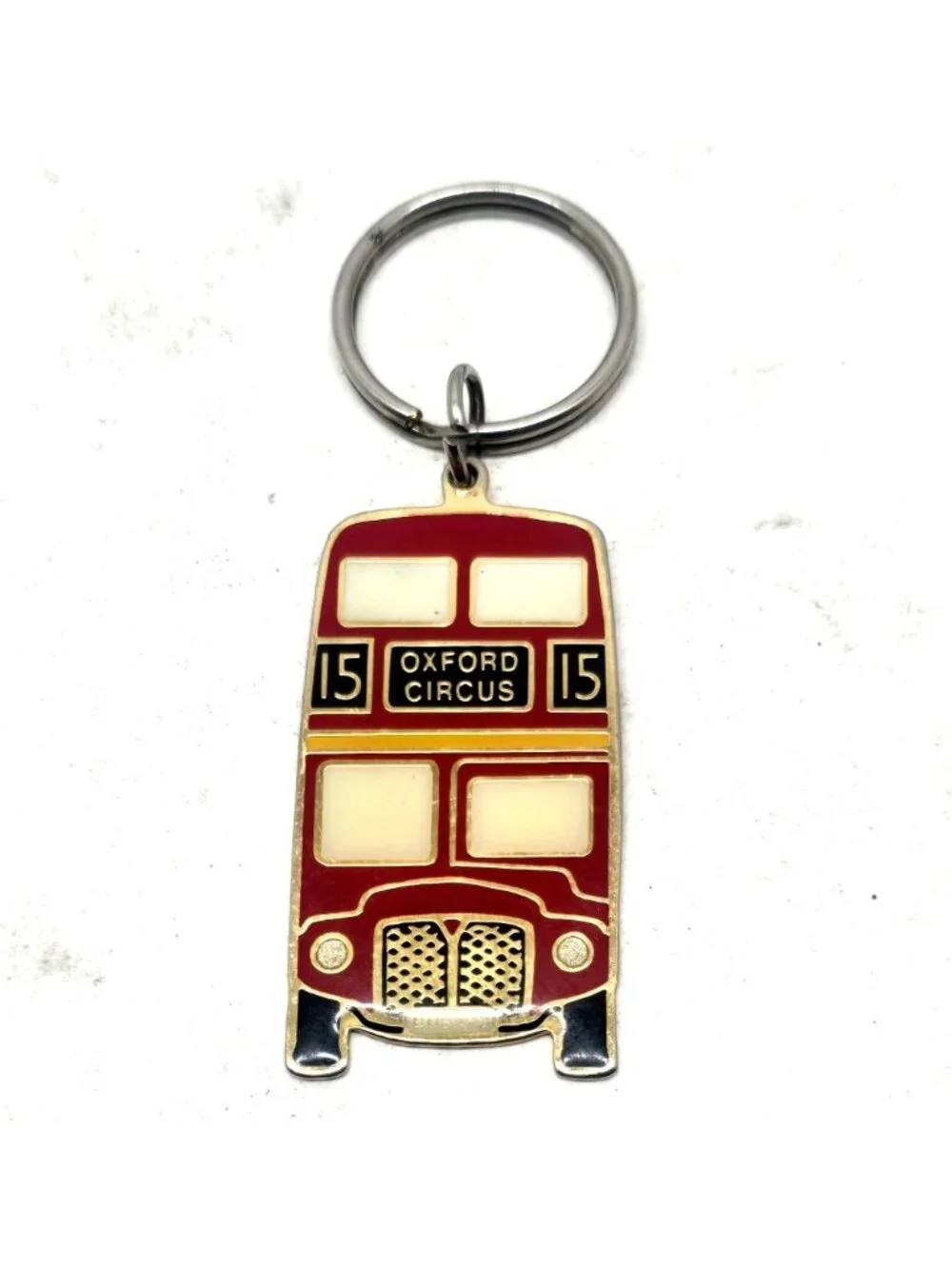 London Bus Keychain Oxford Circus Route 15 Souvenir Red & Gold Enamel Metal Key